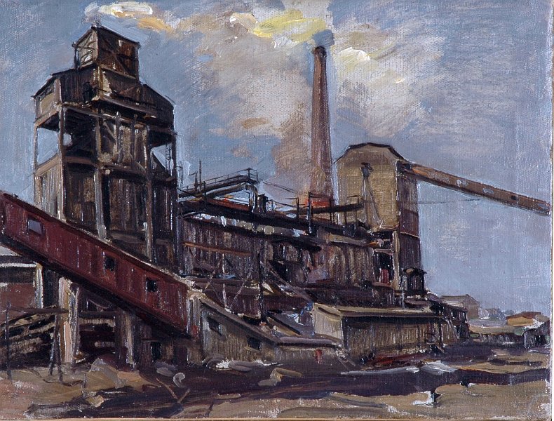 Yellow smoke coal -gas factory Leningrad 1947 oil on canvas 33x43